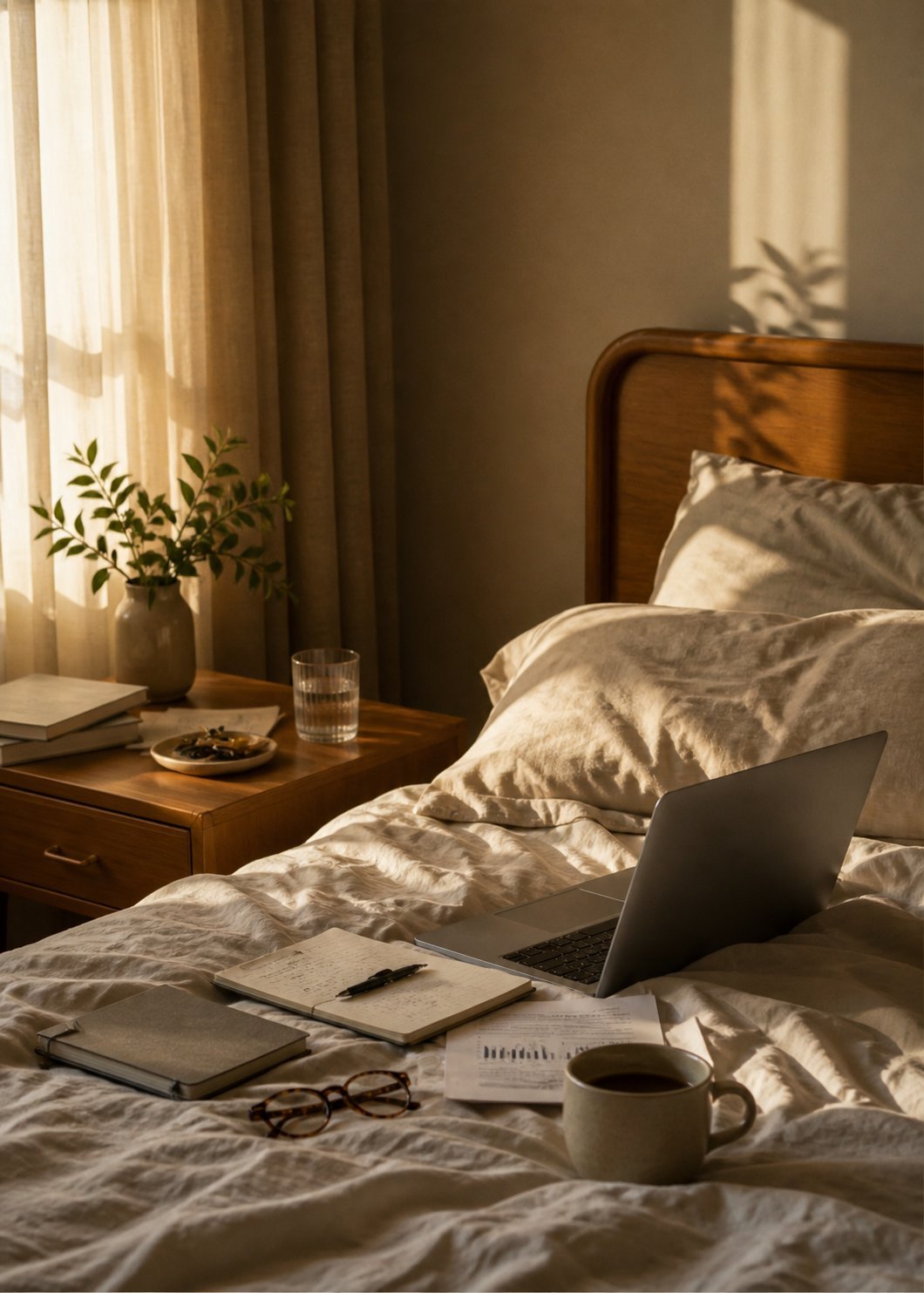 Cama desfeita com lençol de linho cream, laptop aberto sobre o lençol, caderno aberto com caneta, óculos e xícara de café, luz quente de fim de tarde, vibe trabalho que invade descanso