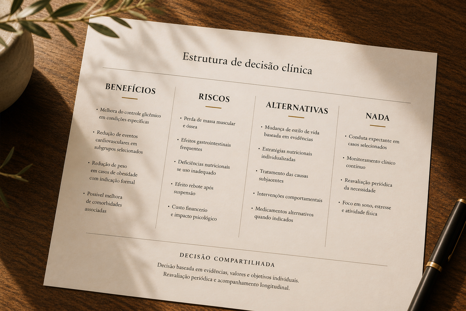 Documento editorial sobre mesa de madeira mostrando estrutura de decisão clínica em quatro colunas: Benefícios, Riscos, Alternativas, Nada, com referência à decisão compartilhada baseada em evidências, valores e objetivos individuais