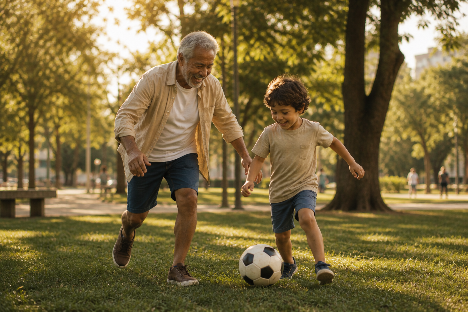 Avô e neto jogando futebol em parque arborizado em luz dourada de fim de tarde, cena de envelhecer ativo com vínculos familiares preservados