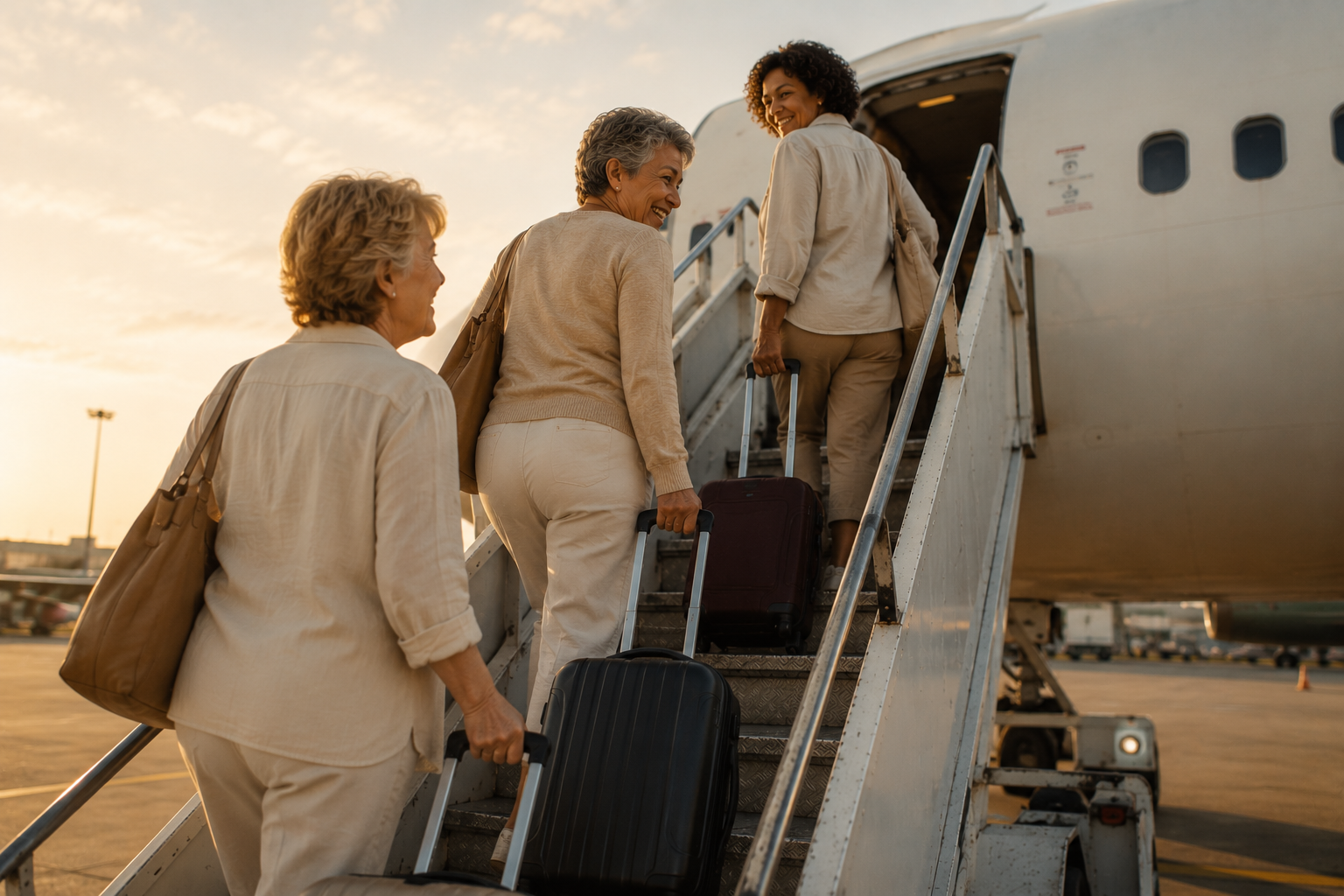 Três mulheres maduras subindo a escada de embarque de um avião em luz dourada de fim de tarde, sorrindo entre si, carregando malas — cena de envelhecer ativo com autonomia e vínculos sociais preservados