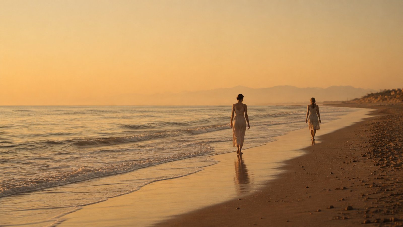 Praia ao entardecer com luz dourada, transmitindo restauração e ritmo natural do dia