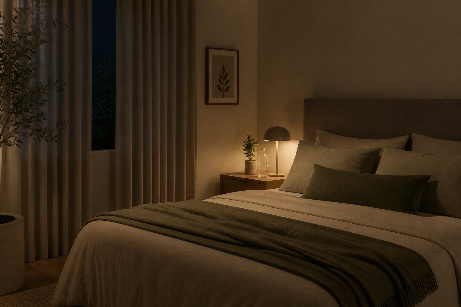 Quarto silencioso à noite, ambiente propício ao sono e ao descanso restaurador