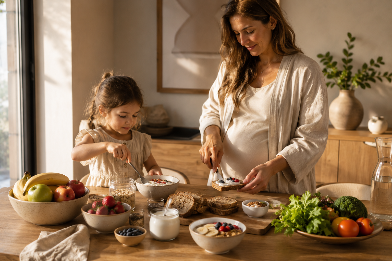 Cozinha familiar com mesa farta de alimentos reais e frescos, cena cotidiana de alimentação variada