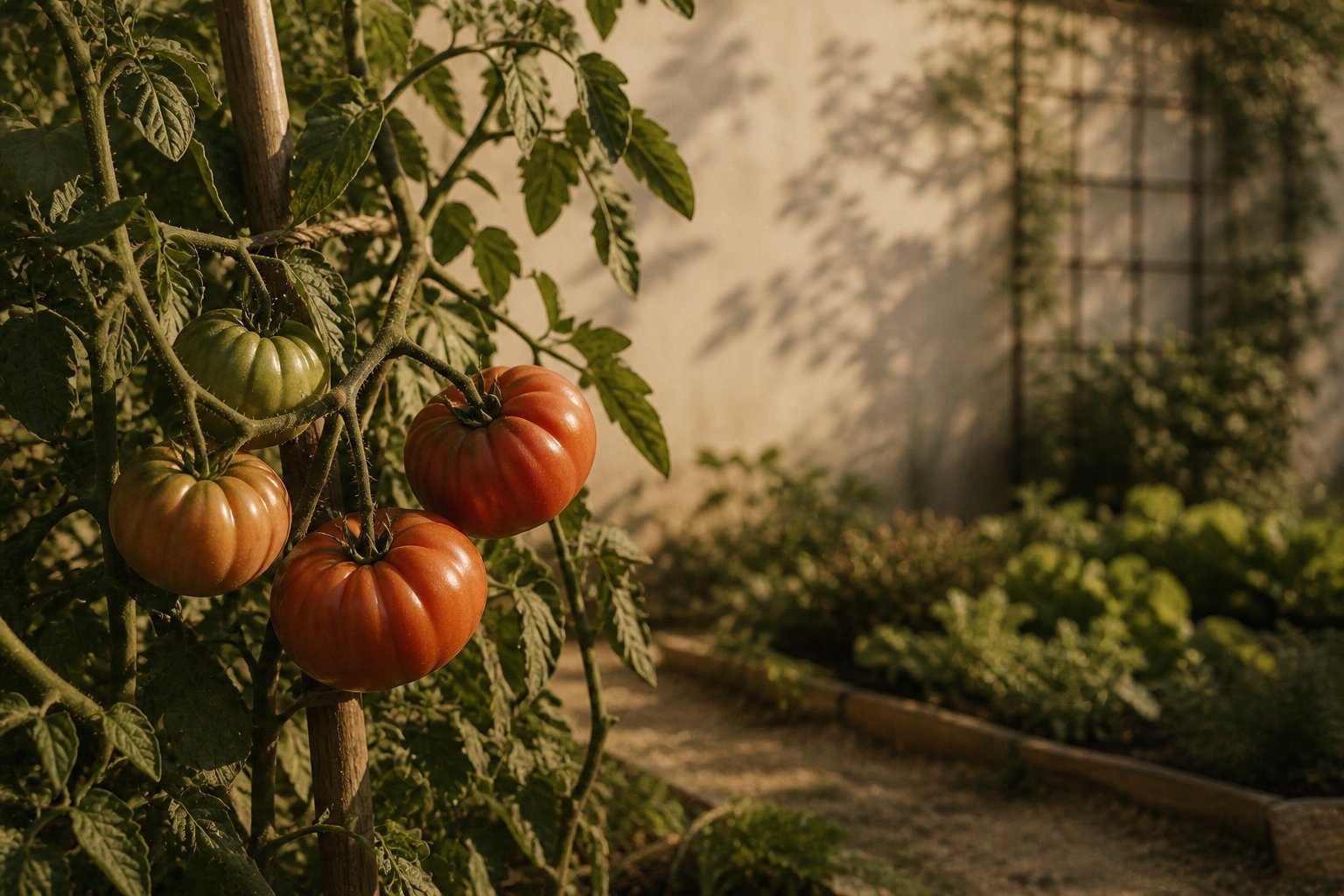 Tomateiros com tomates maduros na videira em horta mediterrânea com luz dourada filtrada