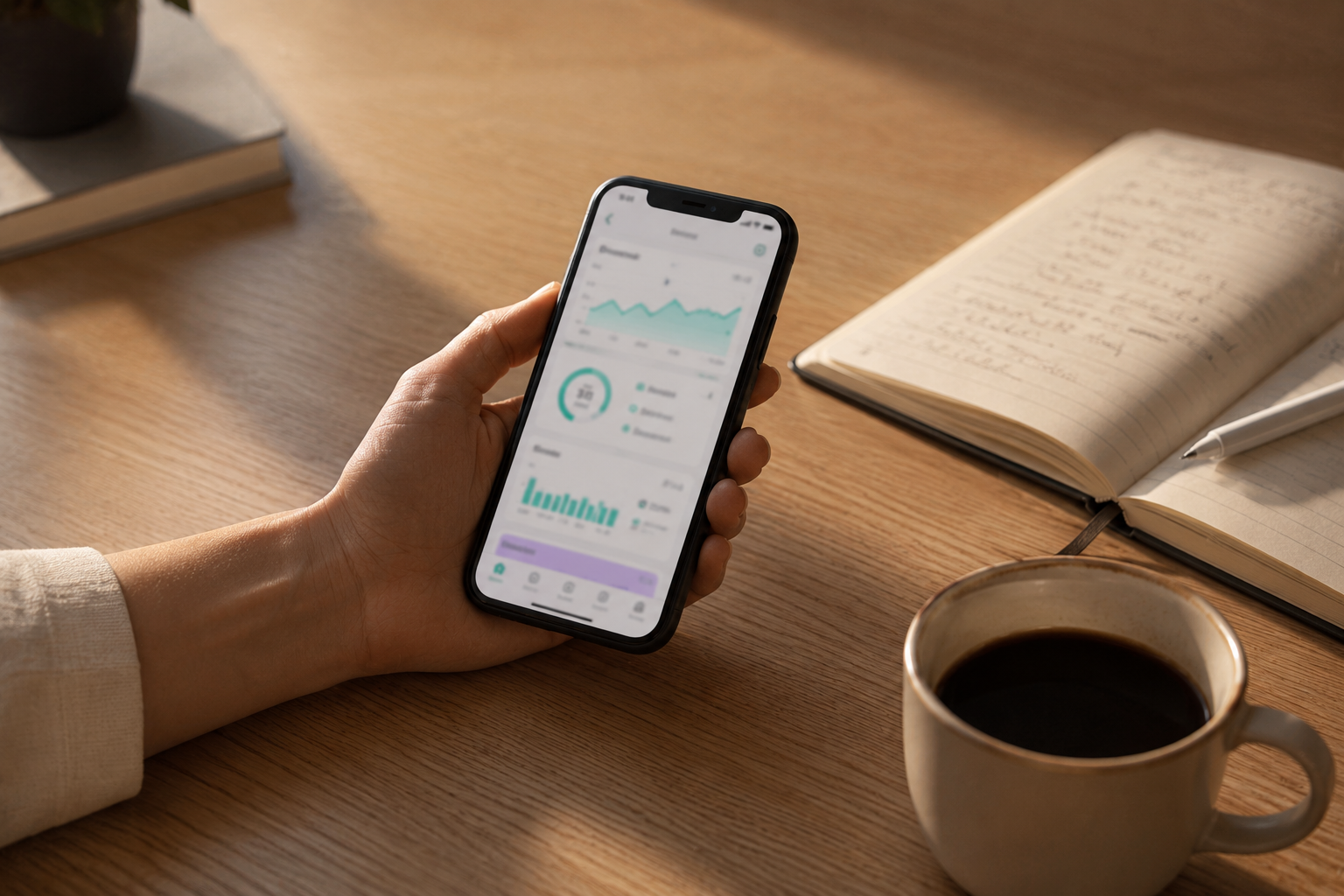 Smartphone exibindo painel de saúde com frequência cardíaca, sono e atividade.