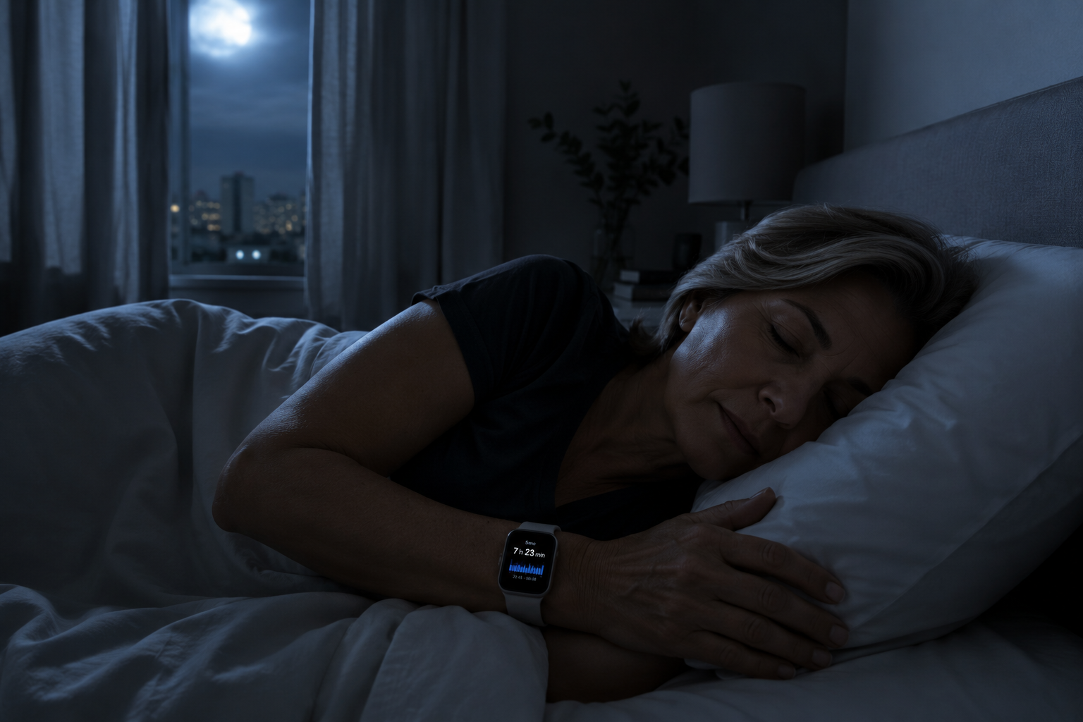 Mulher adormecida com smartwatch no pulso, captação de sono durante a noite.